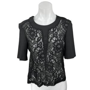 Chelsea28 Women's Black Floral Lace Short Sleeve Sheer See Trough Blouse Top M